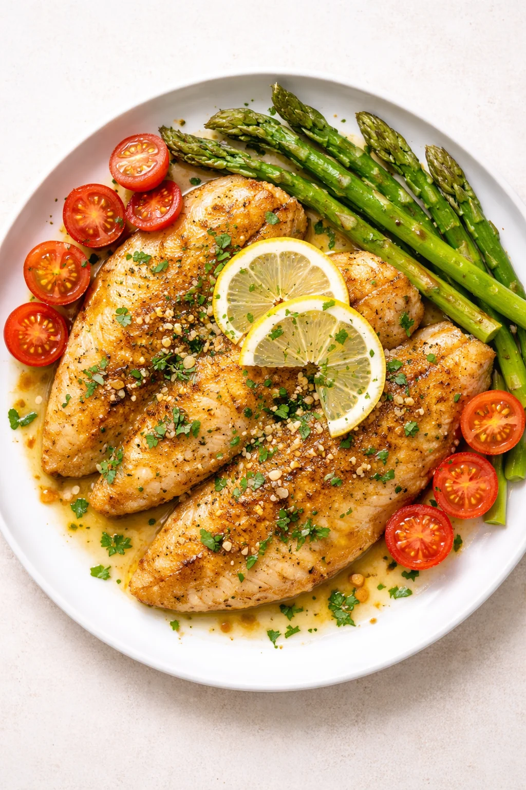 plated lemon-herb chicken with asparagus and cherry tomatoes on a white plate