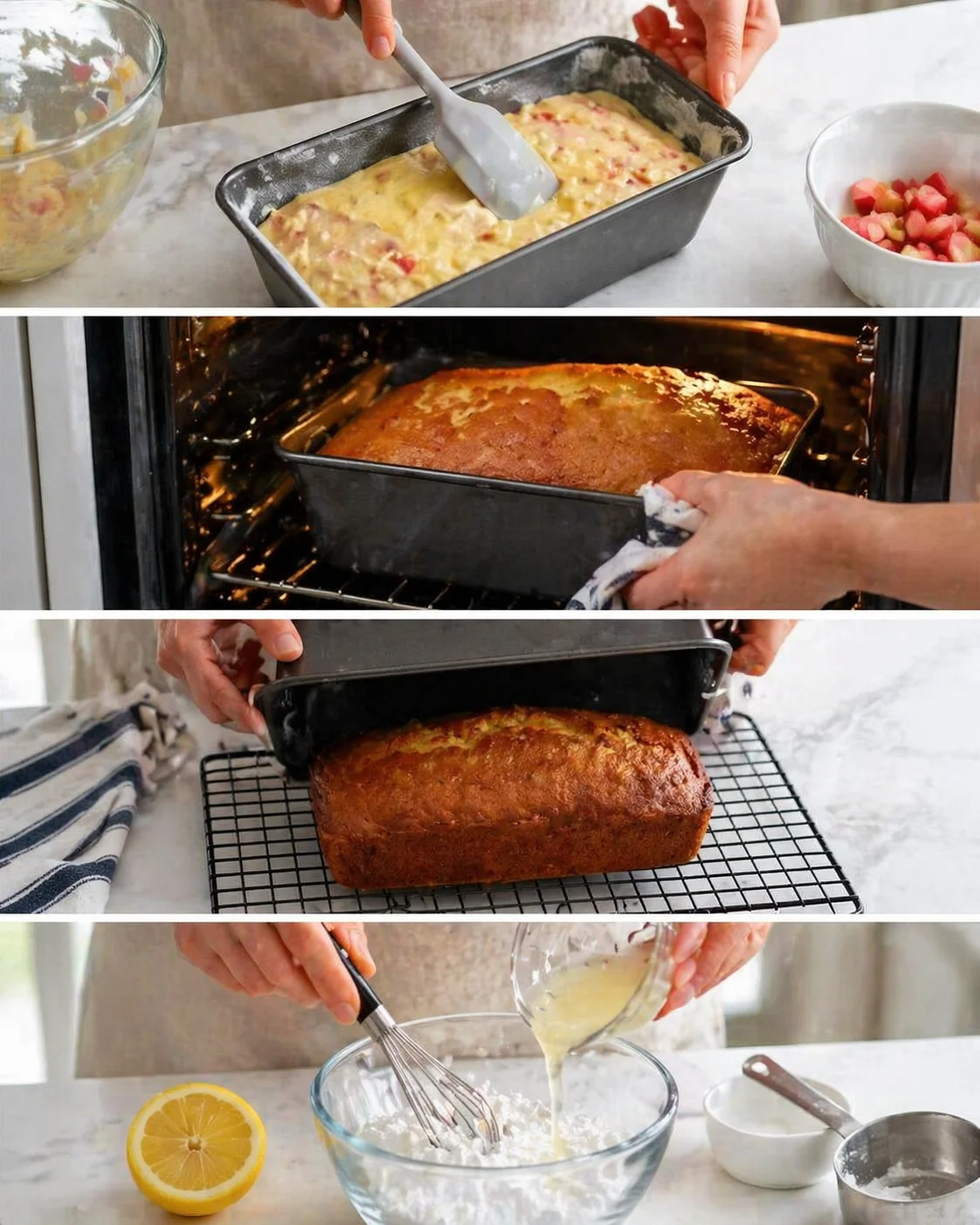 Collage showing batter prep, baking, cooling, and lemon glaze for loaf cake.