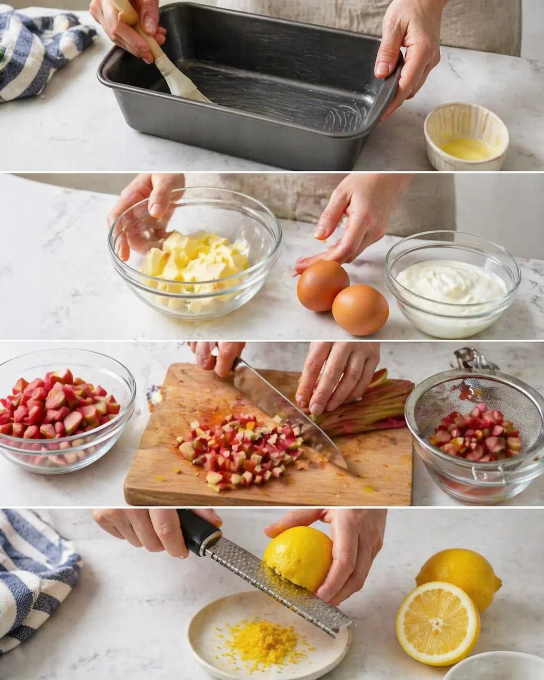 collage of baking-prep steps: greasing a loaf pan, cubed butter and eggs, rhubarb diced, and lemon zest