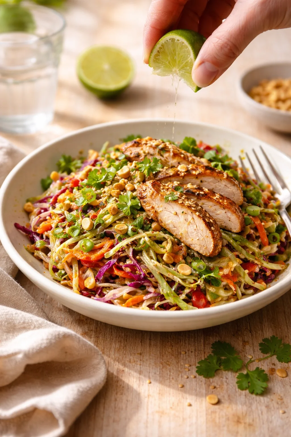 Colorful noodle salad topped with sliced grilled chicken, peanuts, and herbs; lime being squeezed over.