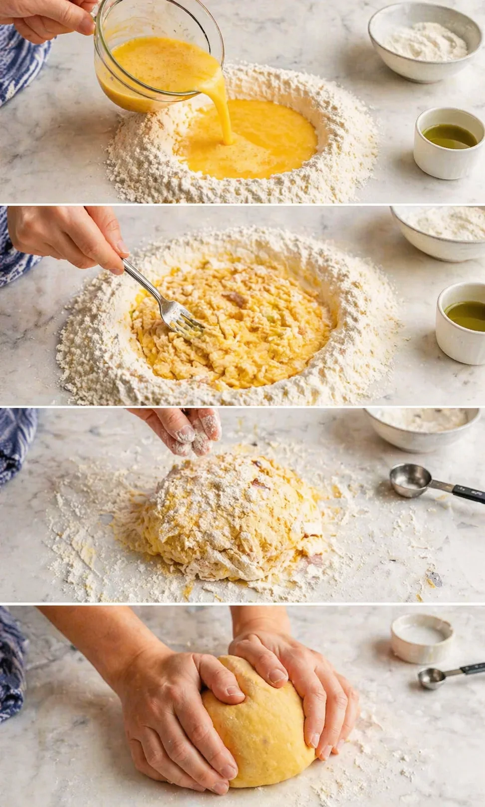 Collage of hands making egg dough on flour-dusted marble surface