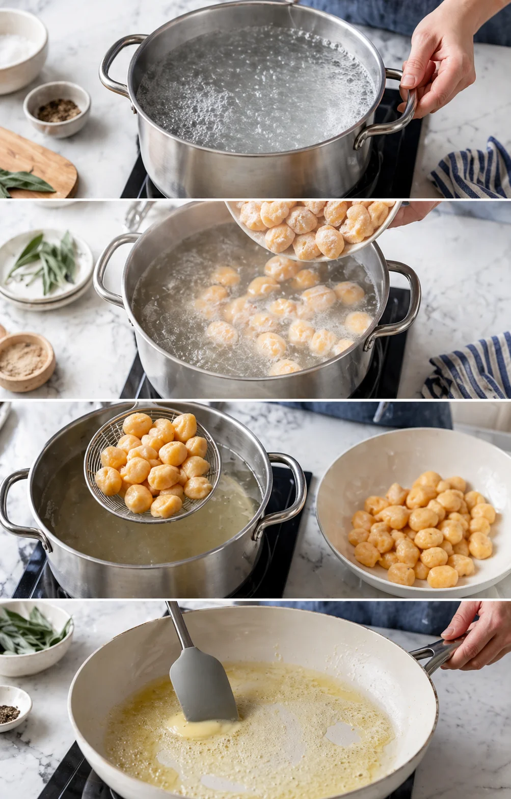 collage of gnocchi being boiled, drained, and sautéed in butter with herbs and kitchenware