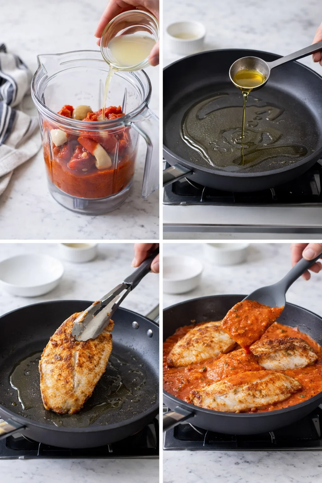 collage showing steps: blender with tomato sauce, oil in skillet, seared fish, fish cooking in tomato sauce