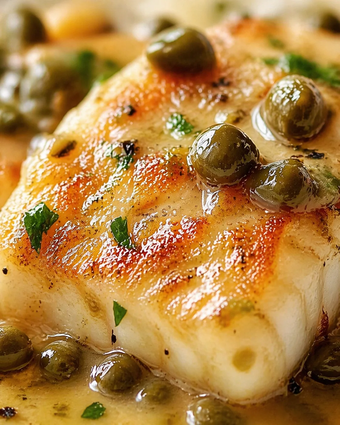 Close-up of a seared white fish fillet in a glossy butter sauce with green olives and herbs.
