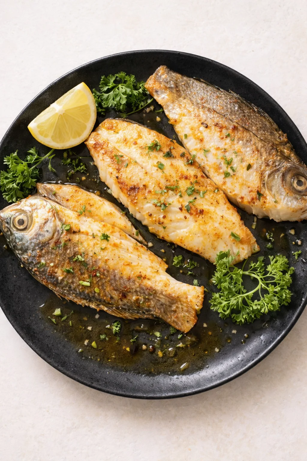 Black plate with three golden pan-seared fish fillets, lemon wedge, and parsley.