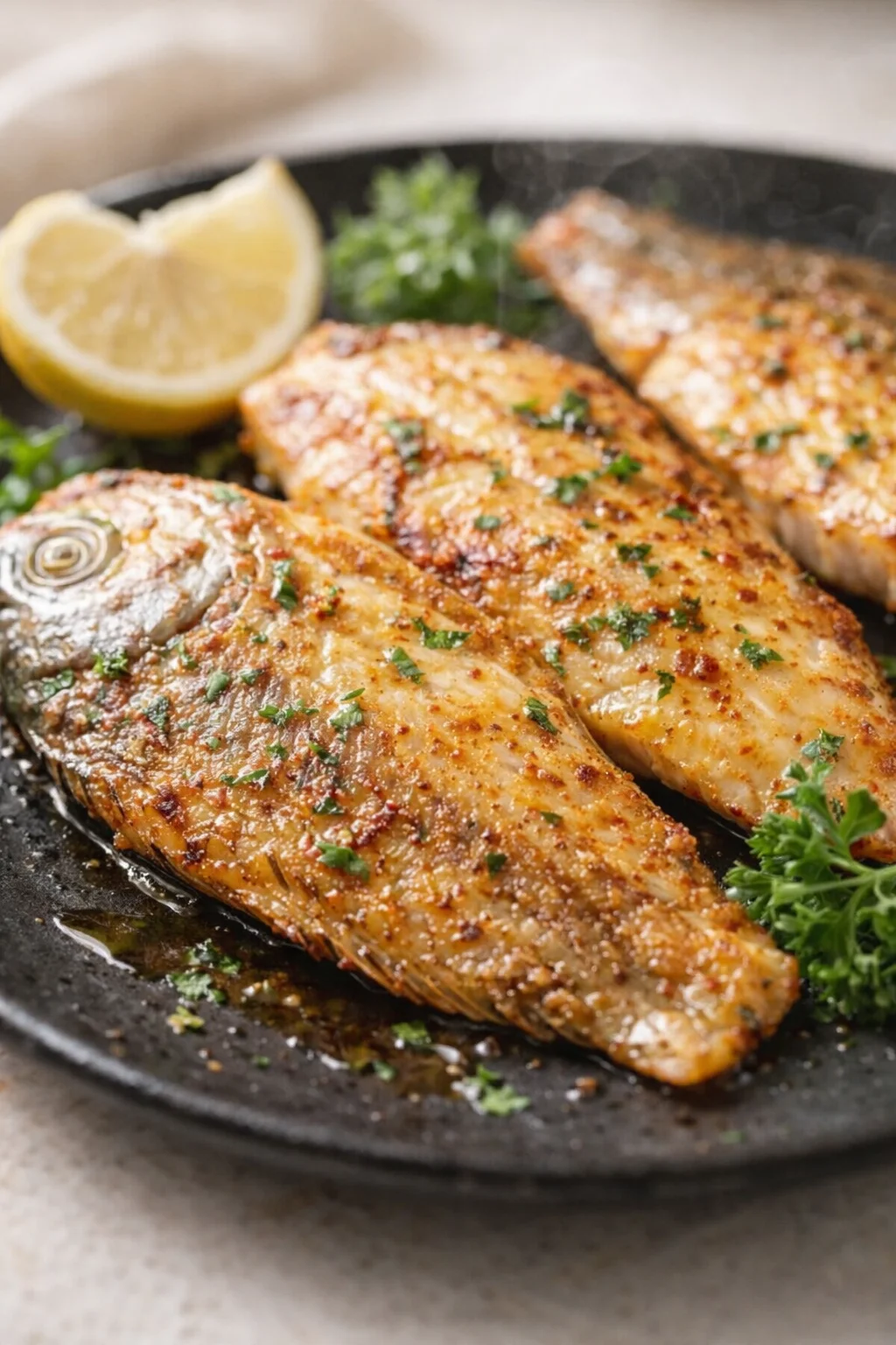 pan-seared herb-crusted fish fillets with lemon wedge on a dark skillet