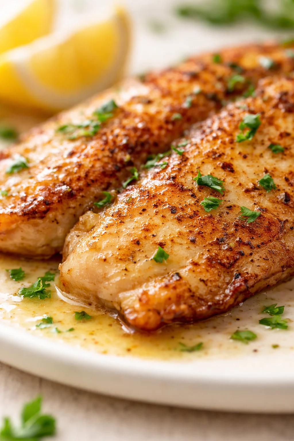Two pan-seared fish fillets with golden crust, parsley garnish, and lemon wedge in background on a butter sauce.