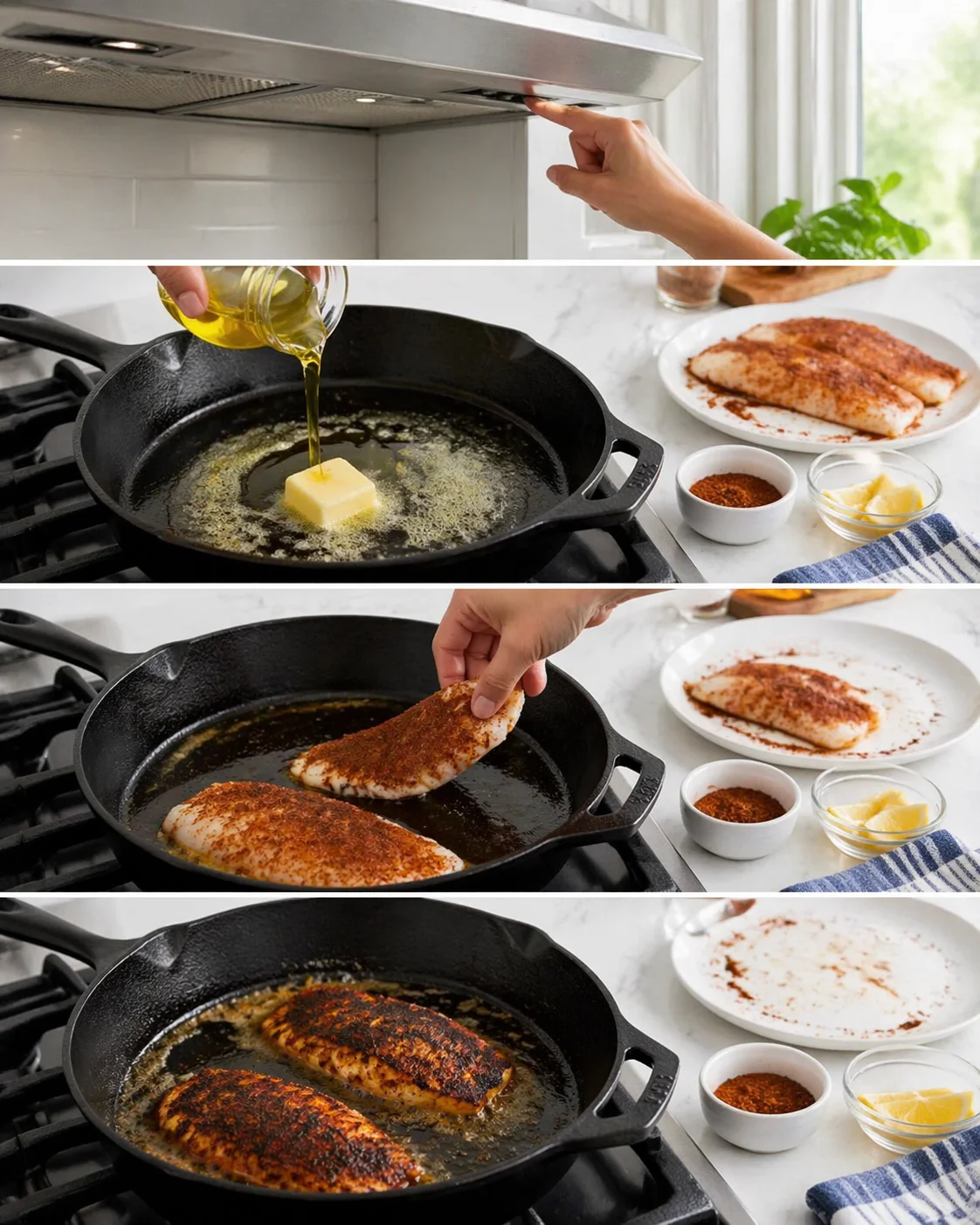 collage showing hands searing paprika-seasoned fish fillets in a cast-iron skillet