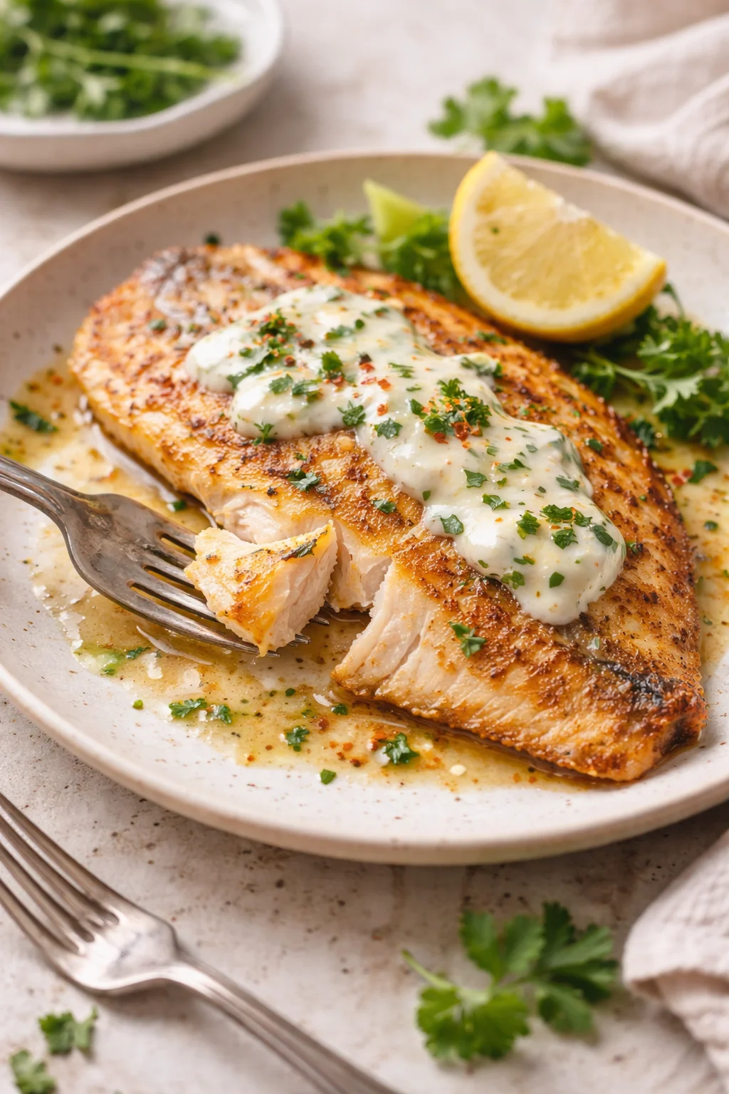 Pan-seared salmon with herb cream sauce, lemon wedge, and parsley on a beige plate.