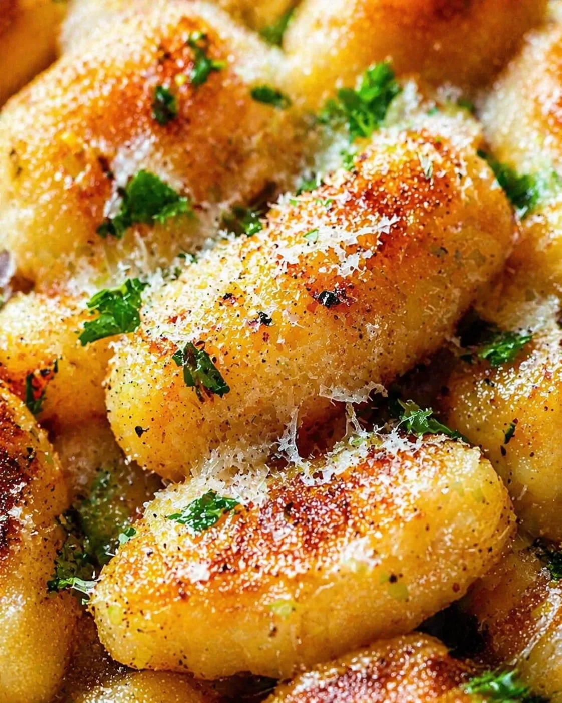 Close-up of golden-brown parmesan-crusted bite-sized rounds garnished with chopped parsley.