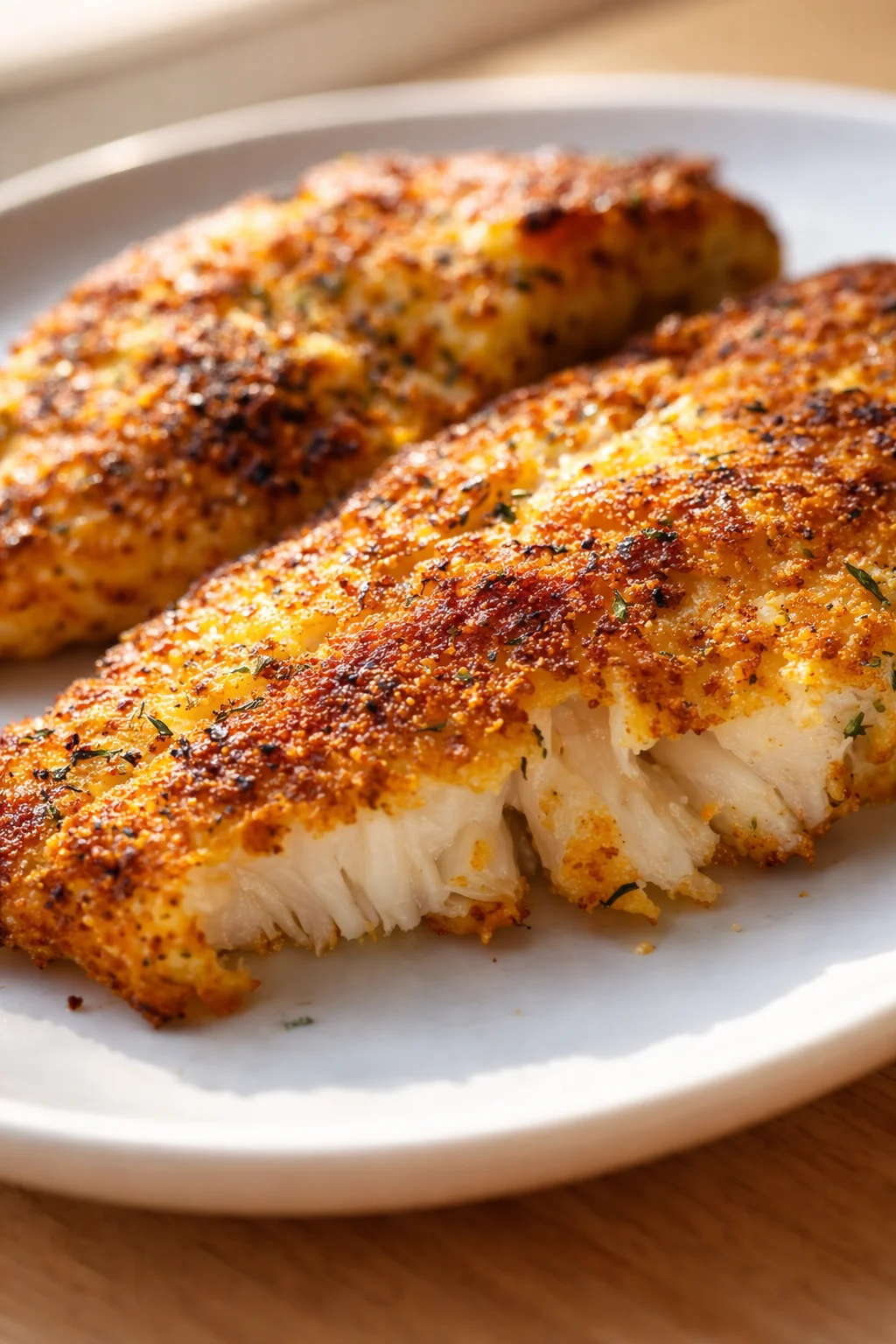 Two crispy parmesan-crusted fish fillets on a white plate, golden crust, flaky white flesh visible.