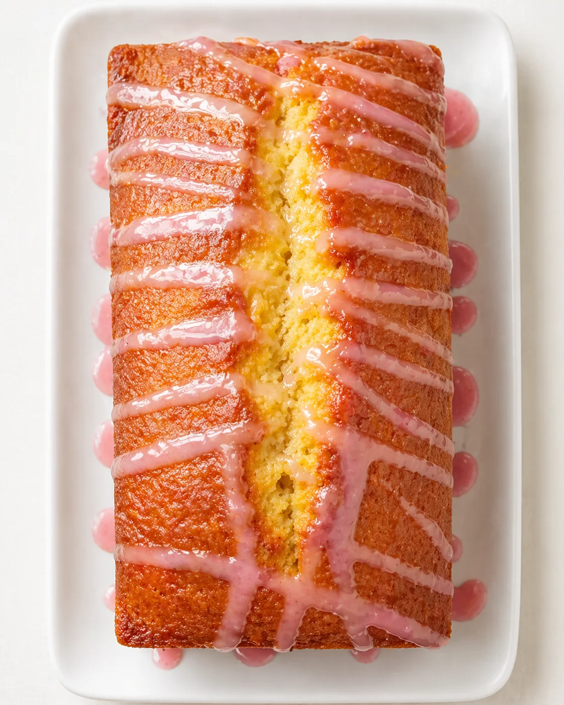 golden loaf cake with pink glaze stripes on a white plate, yellow crumb visible in center