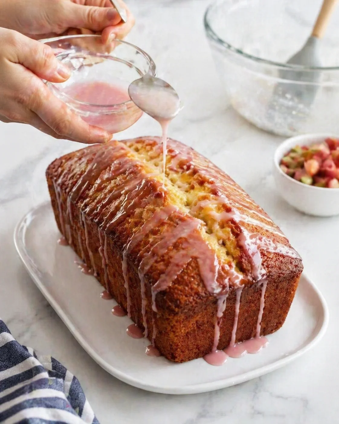 Hands drizzle pink glaze over a golden loaf cake on a white platter.