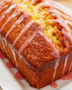 Close-up of a golden loaf cake with pink glaze on a white plate