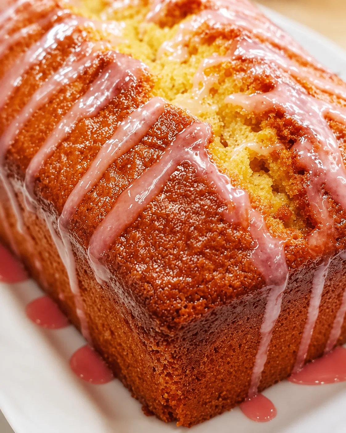 Close-up of a golden loaf cake with pink glaze on a white plate
