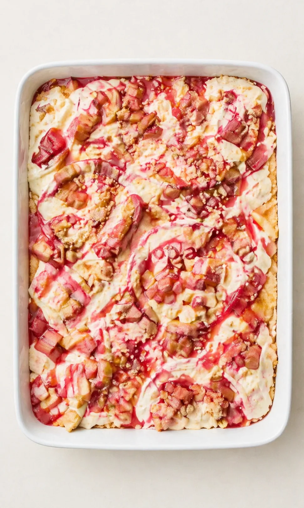 baked dessert in a white rectangular dish with pink fruit and white creamy topping