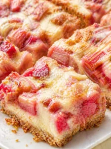 Close-up of rhubarb crumble bars with pink rhubarb chunks, creamy filling, and a golden crust.