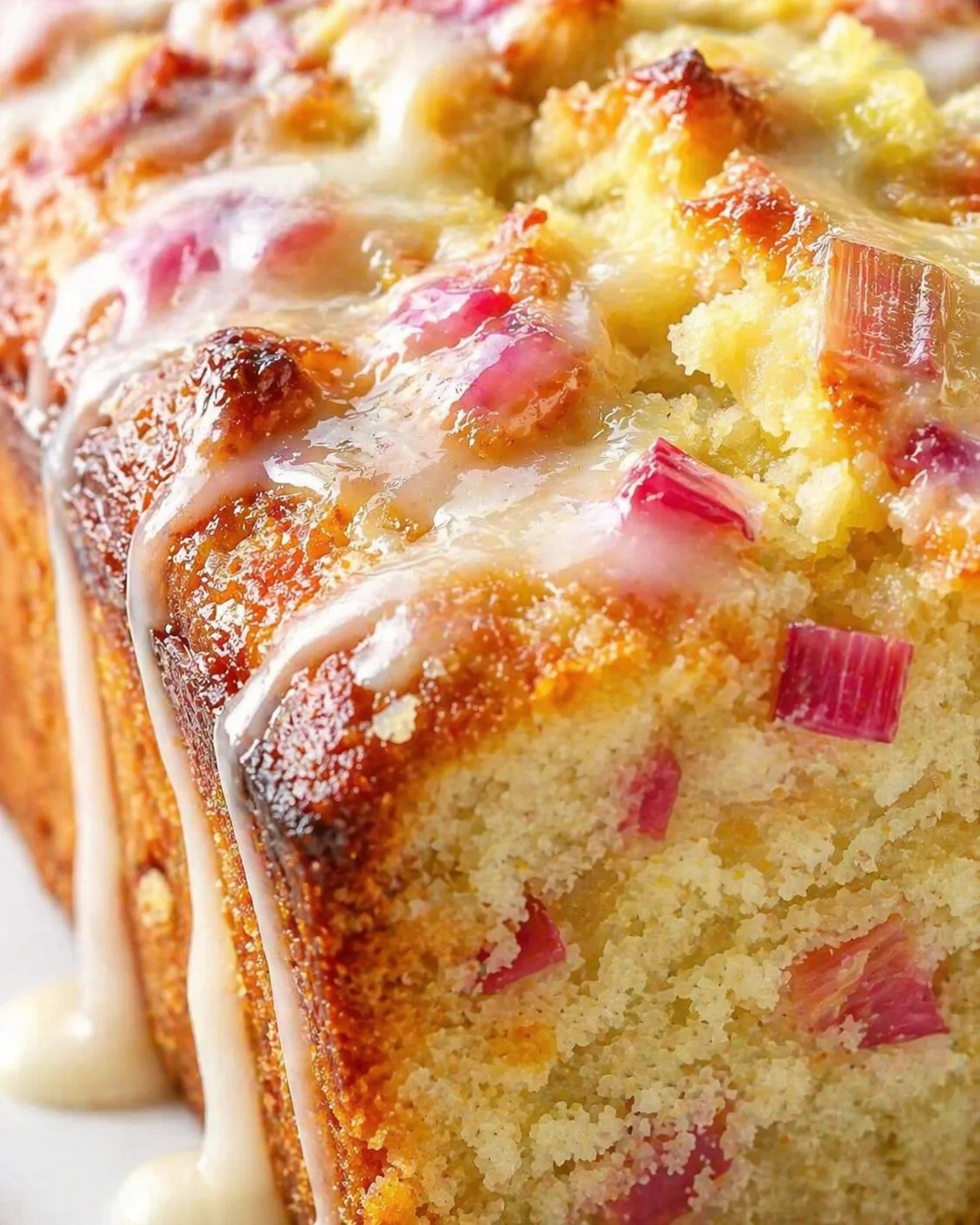 Close-up of a golden loaf cake with pink rhubarb pieces and glossy glaze