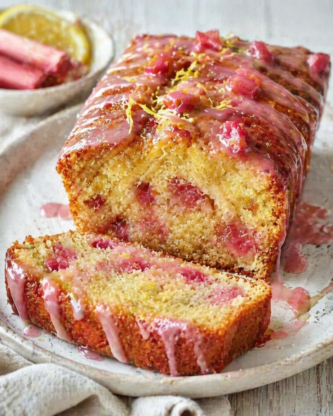 A golden loaf cake with pink glaze and visible rhubarb pieces, sliced on a plate.