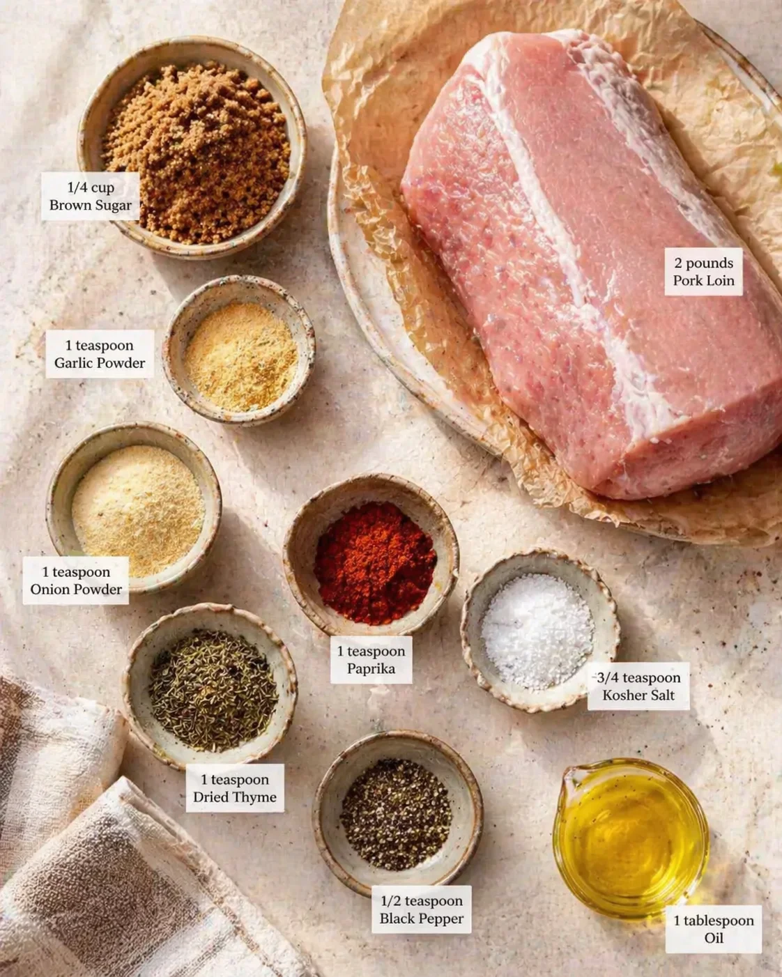 overhead view of raw pork loin with bowls of spices and oil around it