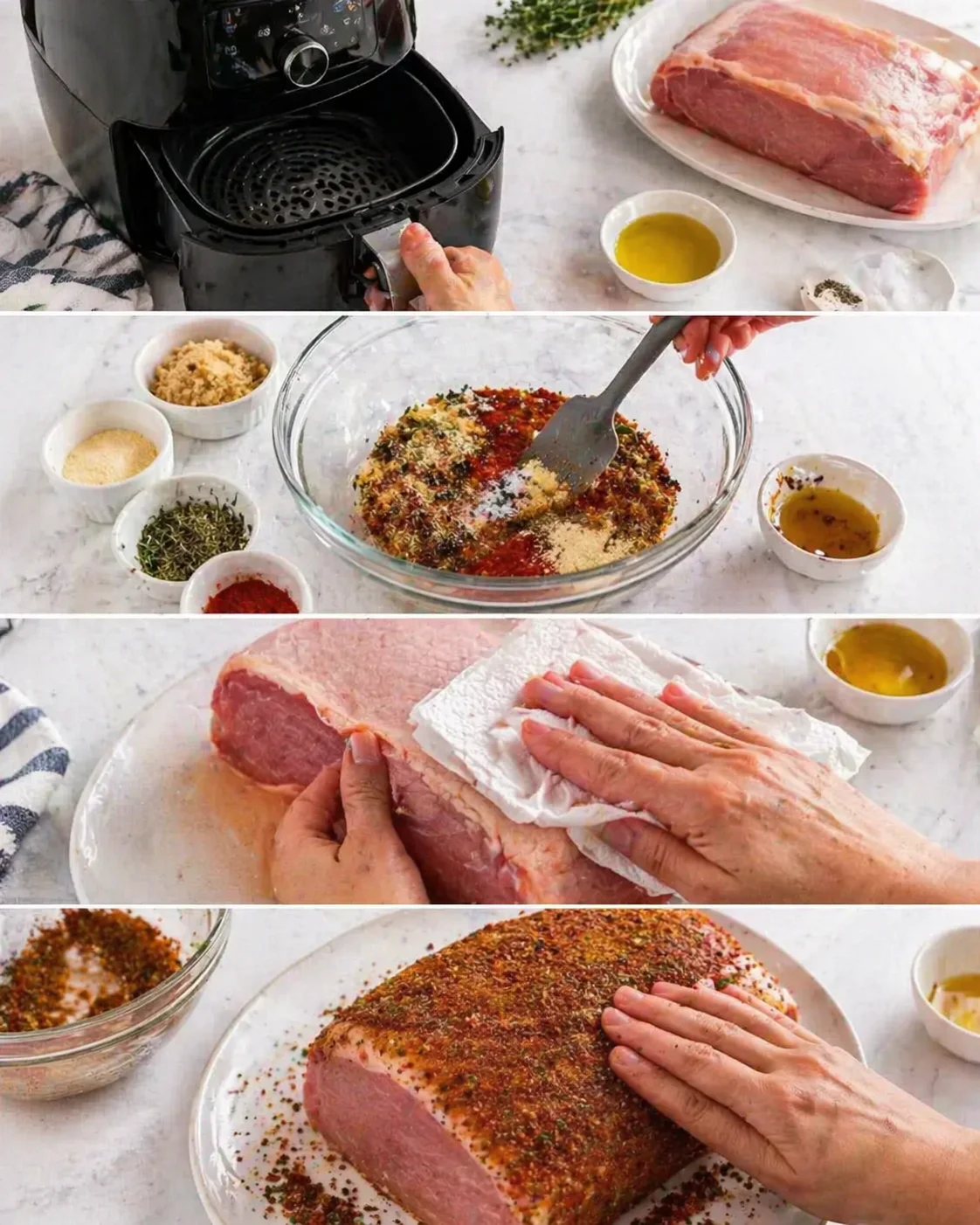 A collage showing steps to prepare pork roast: air fryer, spice bowls, rubbing rub on meat.