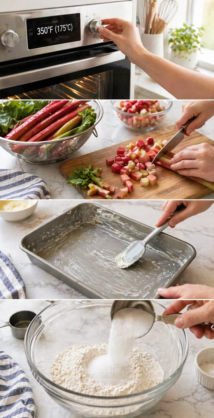 Bright kitchen collage showing oven at 350F, chopped rhubarb, greased baking pan, and pouring flour