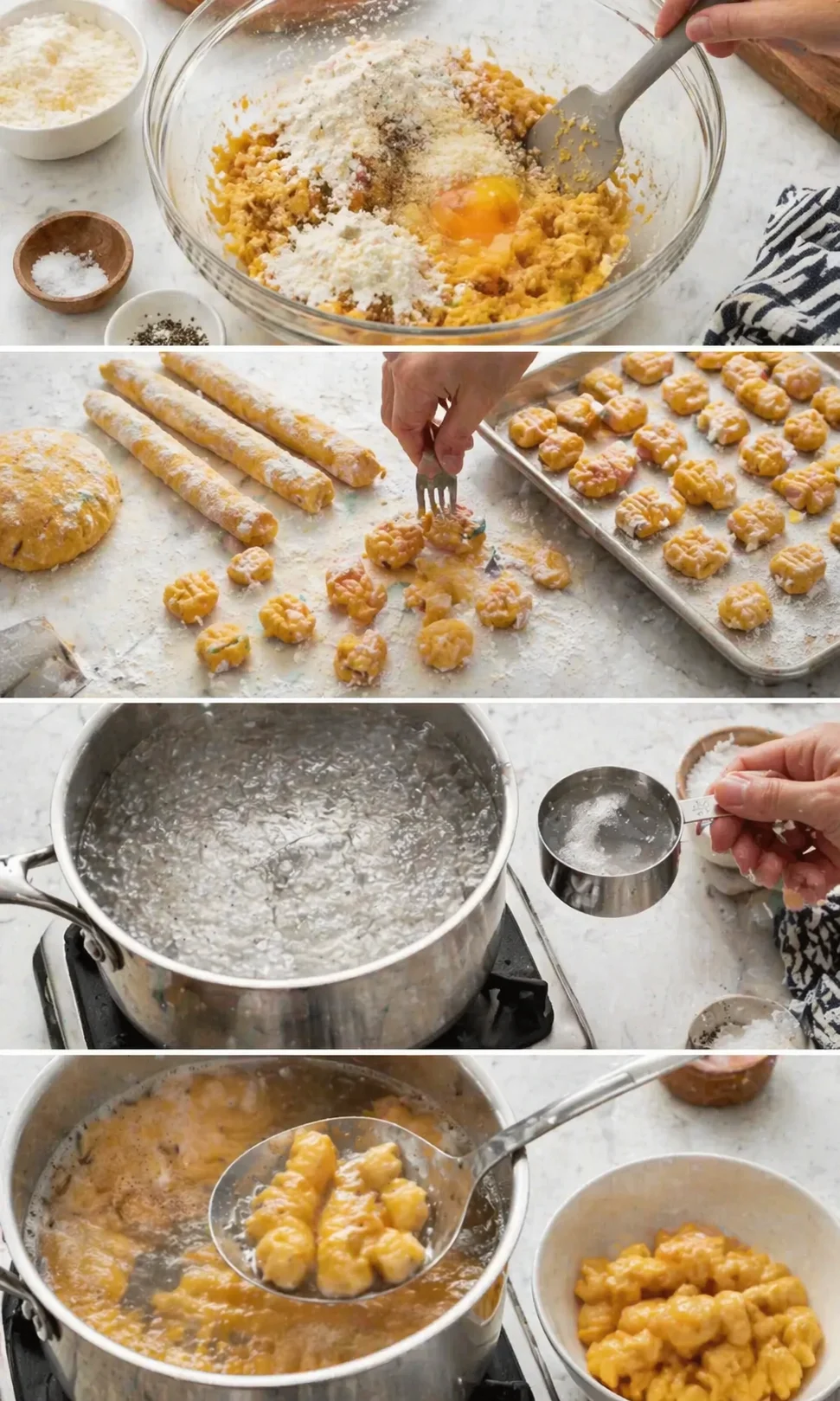 Bright kitchen collage showing dough mixing, shaping, boiling, and serving pumpkin gnocchi.