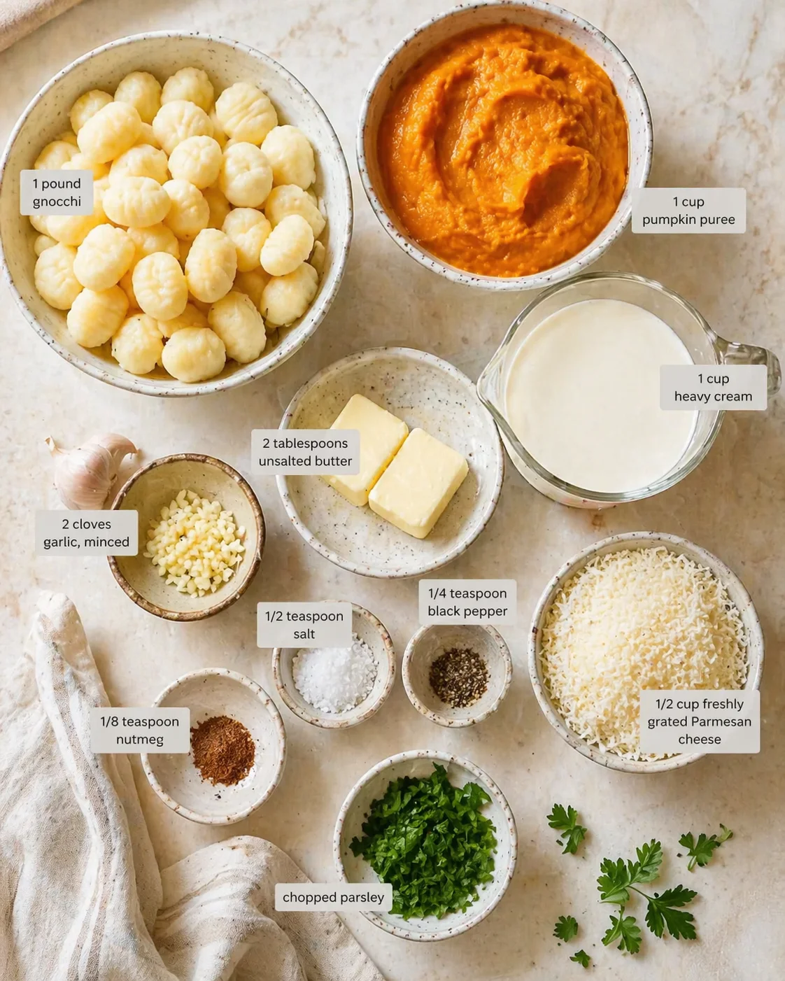 top-down view of ingredients arranged on a marble surface: gnocchi, pumpkin puree, cream, cheese, garlic, parsley.