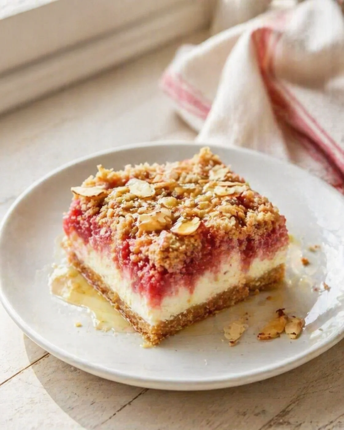 A square raspberry cheesecake bar with crumb crust, creamy layers, and almond topping on a white plate.