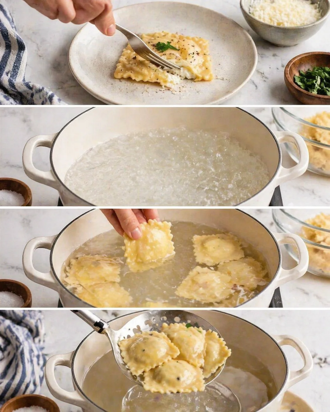 Collage showing ravioli being prepared: plated, boiled in a pot, and lifted with tongs.