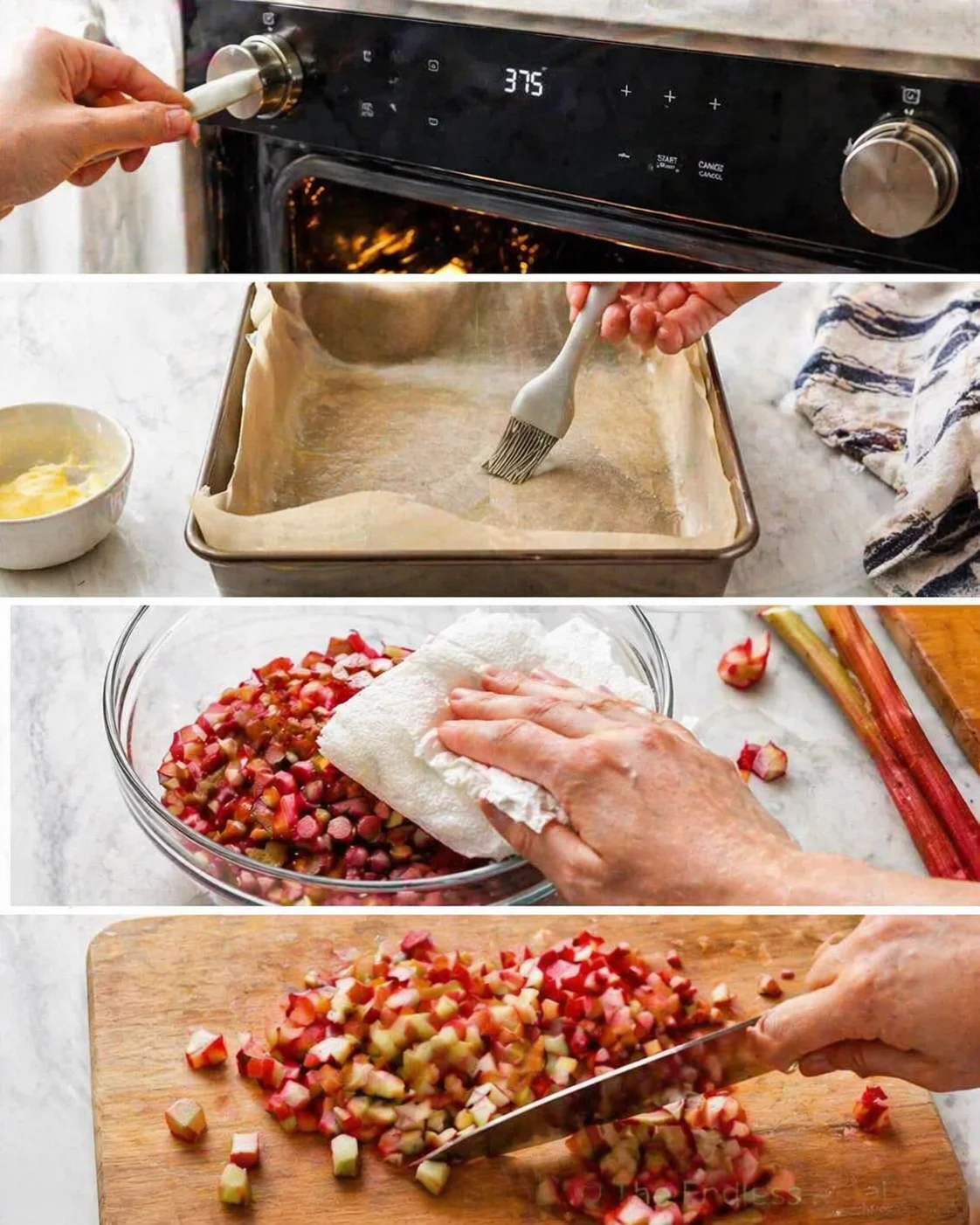 collage showing oven preheat, parchment-lined pan brushing, diced rhubarb and apples, and chopping on a cutting board
