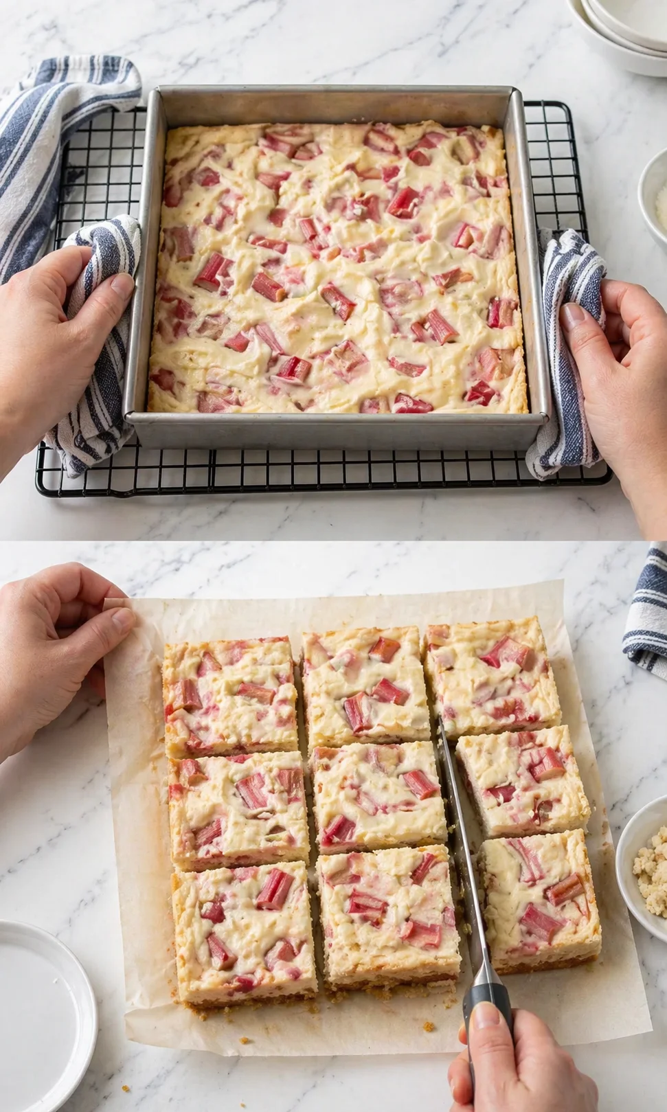 Two-panel shot of rhubarb bars: top unbaked batter in pan, bottom sliced bars on parchment.