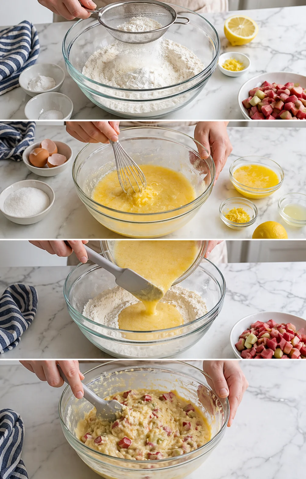 Collage showing sifting flour, whisking eggs, and batter with rhubarb chunks.