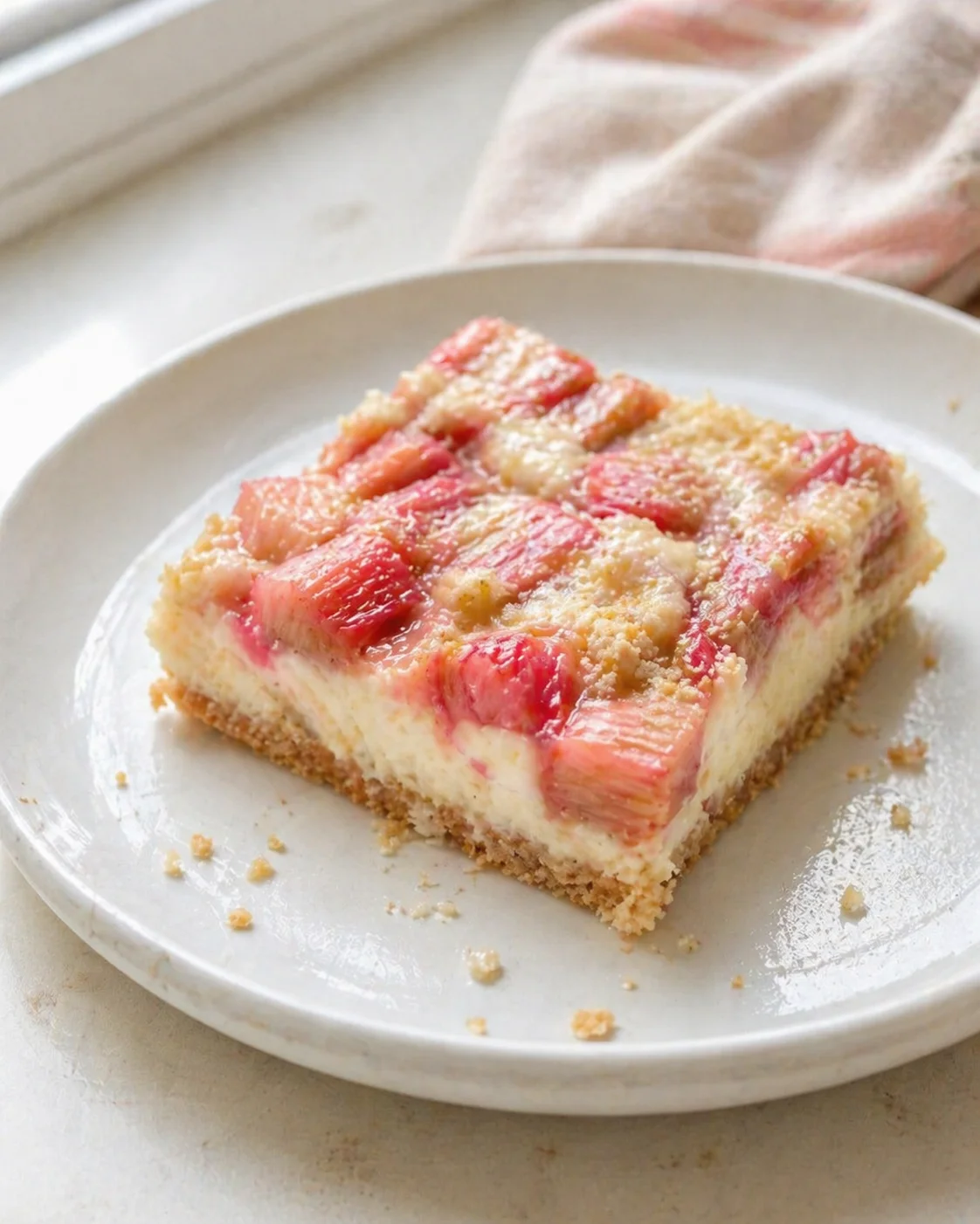 Square slice of rhubarb cheesecake bars with crumb crust on a light ceramic plate.