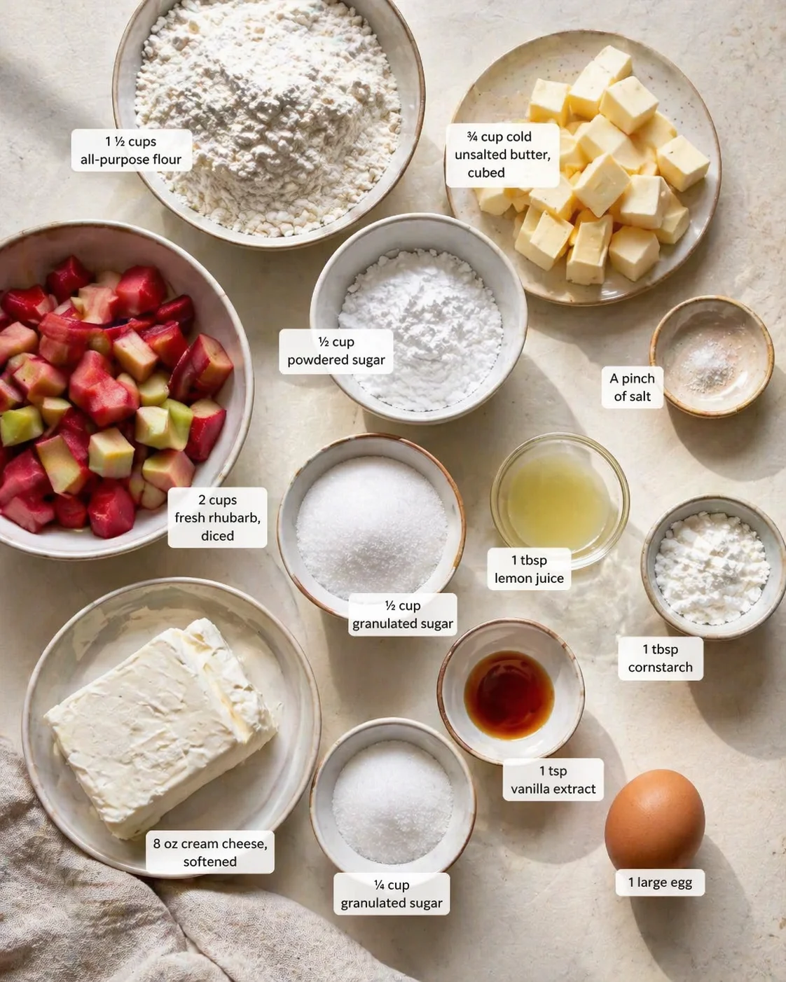 Top-down view of rhubarb, sugar, dairy, and dry ingredients arranged for cheesecake.