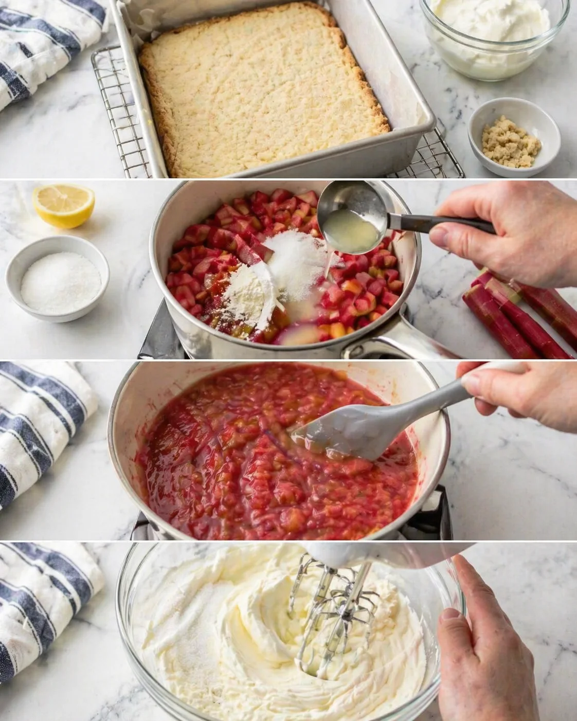 A step-by-step collage showing crust, rhubarb filling, and whipped cream for a dessert.