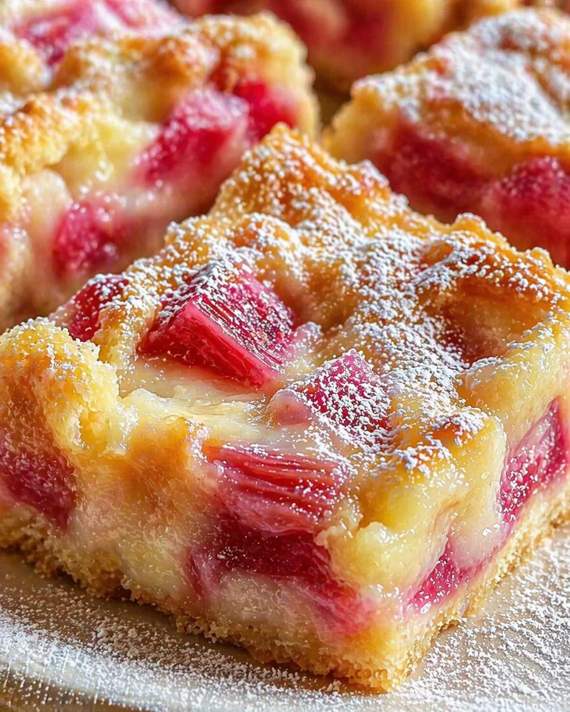 Close-up view of rhubarb-cream bars with a golden crust, pink fruit chunks, and powdered sugar.