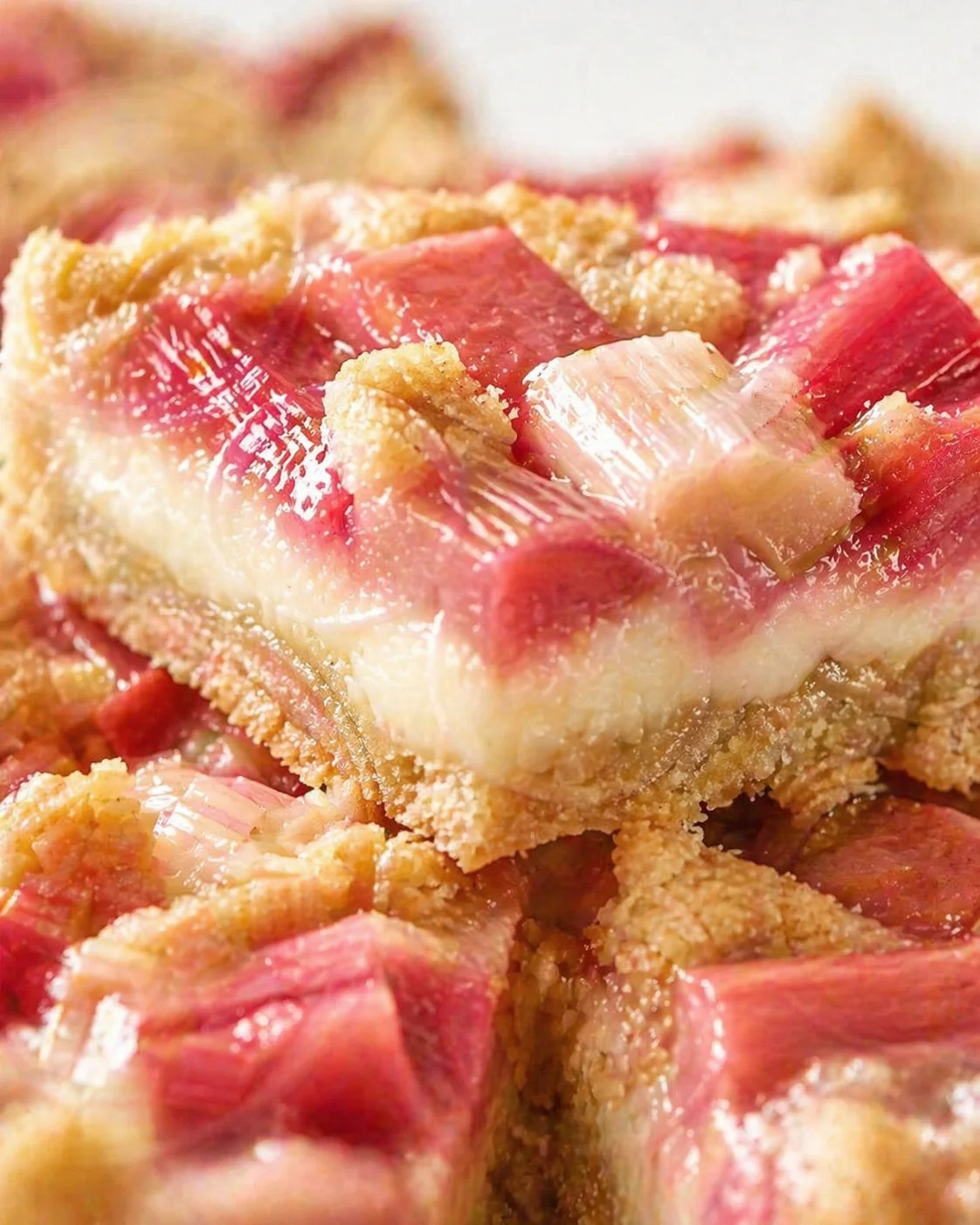 Close-up of rhubarb crumble bars with pink fruit filling and golden crumb topping.