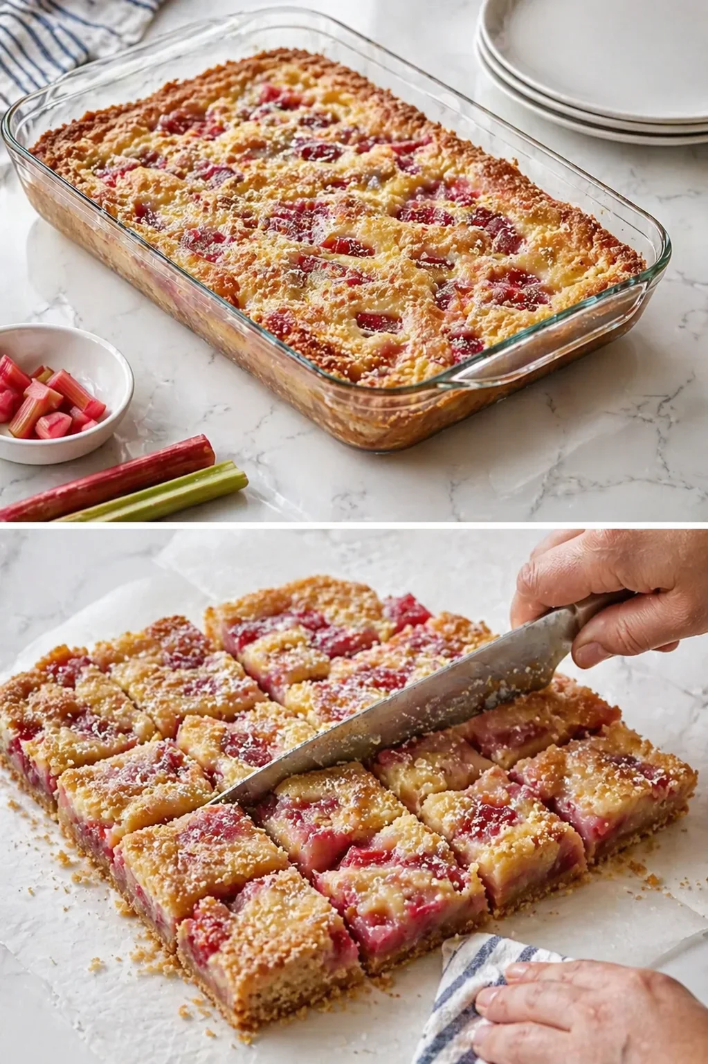 baked rhubarb crumble bars in a glass dish with pink filling and golden crumb topping on a marble counter