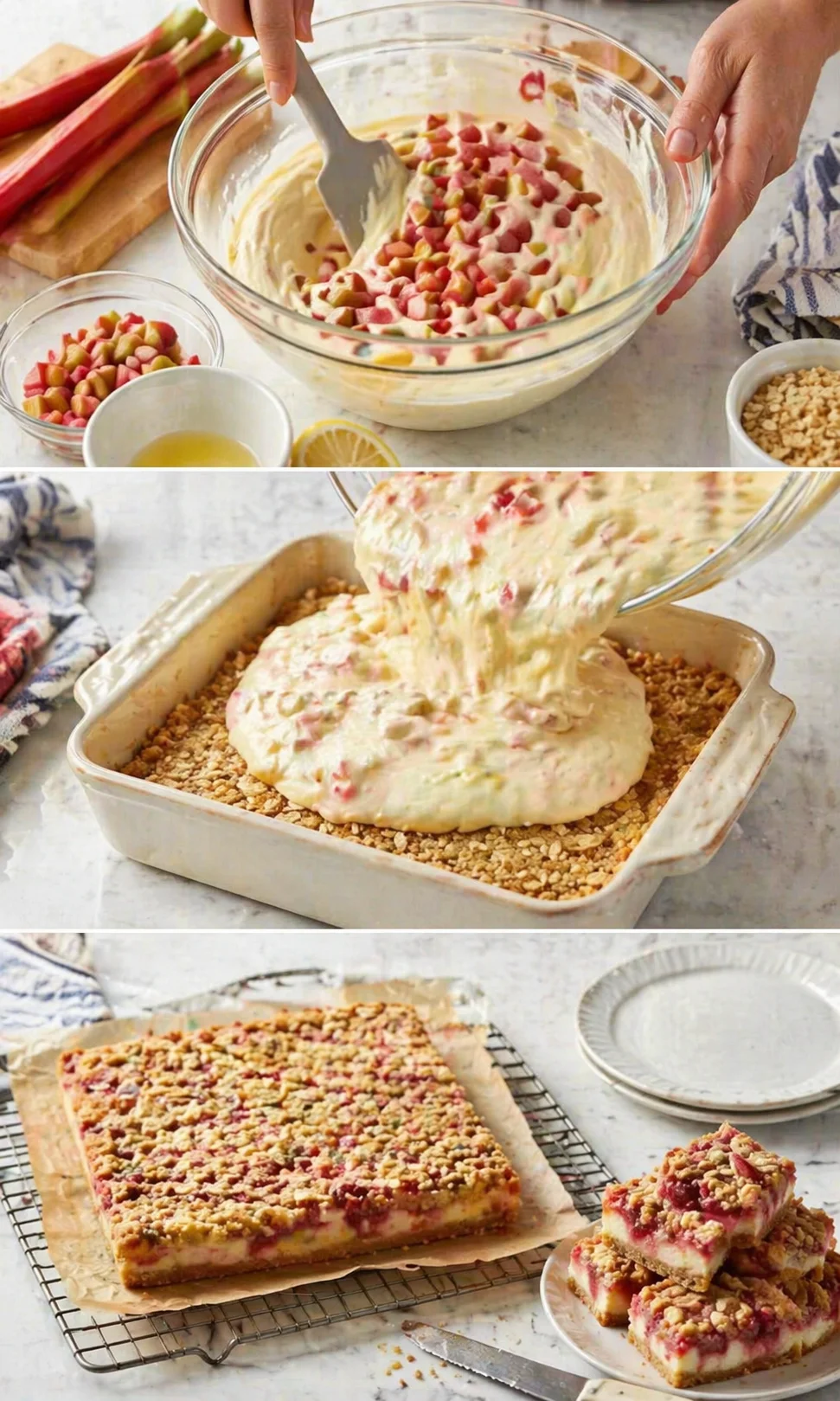 collage shows batter mixing, pouring into crust, and baked rhubarb bars