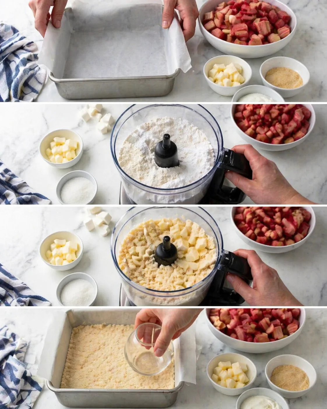 Hands line a parchment-lined pan while bowls of rhubarb, butter, and flour sit nearby.