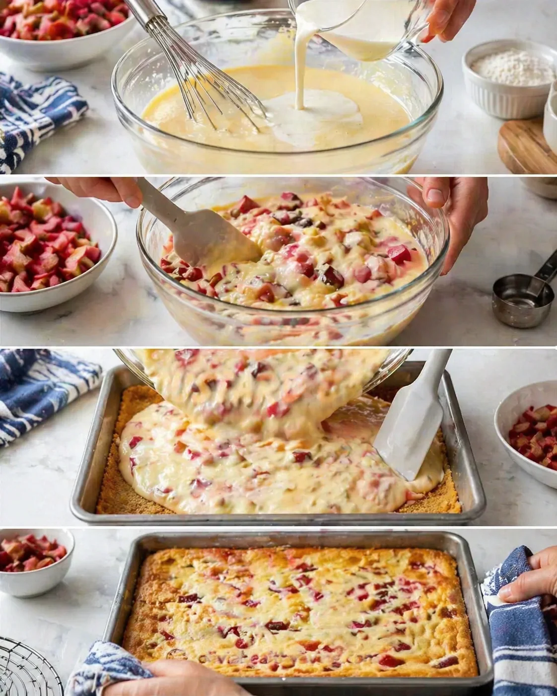 step-by-step collage of making rhubarb custard bars from batter to baking