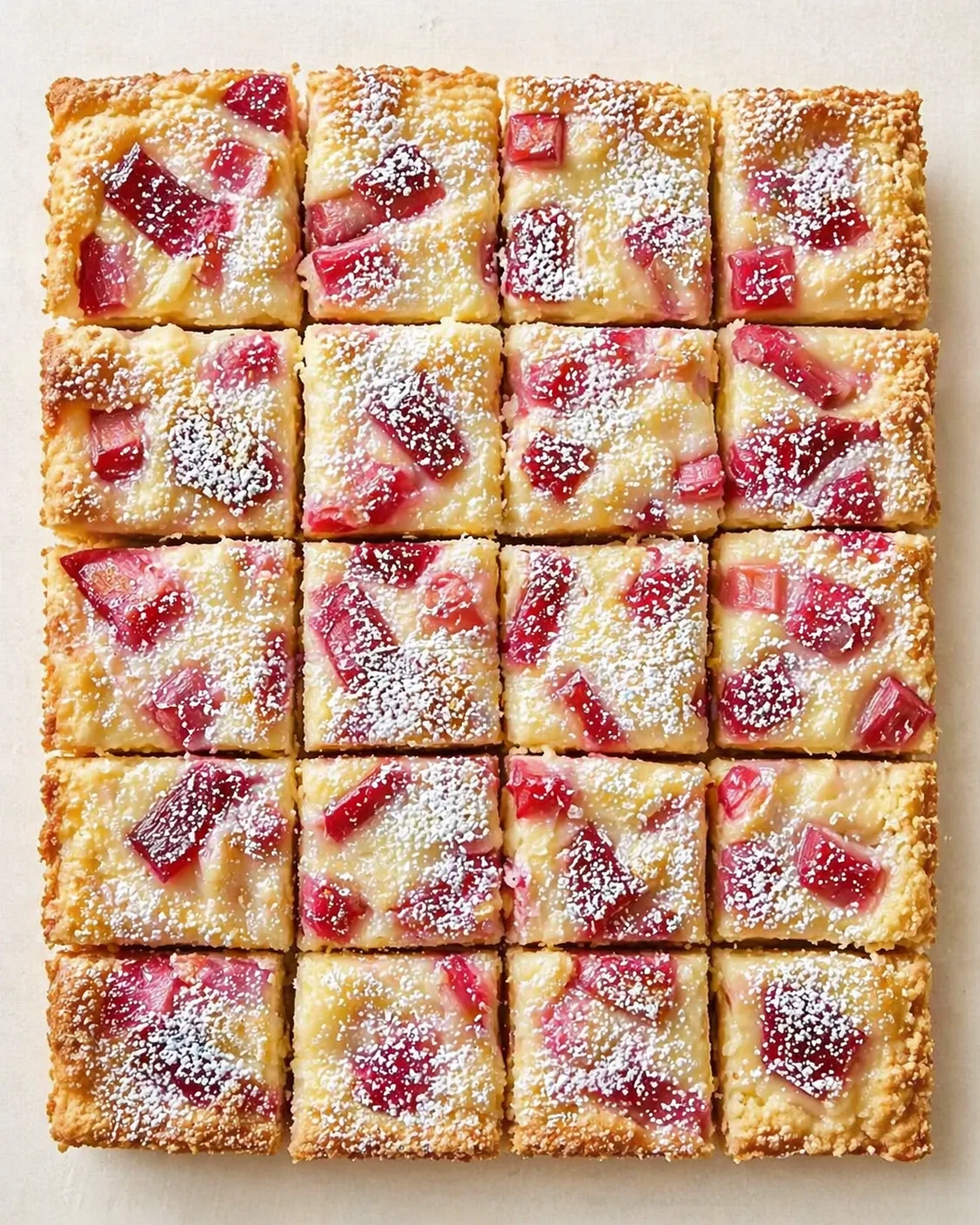 Top-down view of rhubarb-lemon bar squares dusted with powdered sugar.