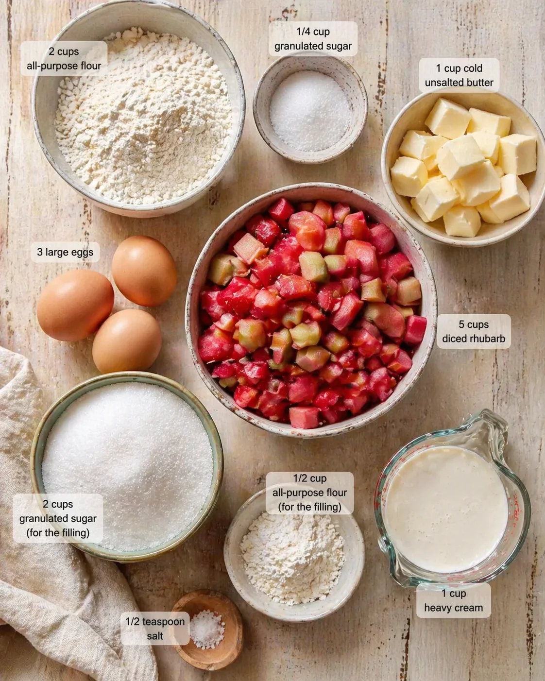Top-down view of labeled ingredients for a rhubarb pie: rhubarb, flour, sugars, butter, eggs, and cream.