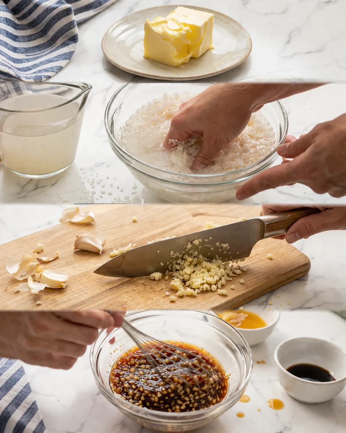 collage showing butter on a plate, rinsed rice in water, minced garlic on a cutting board, and sesame-soy sauce being mixed