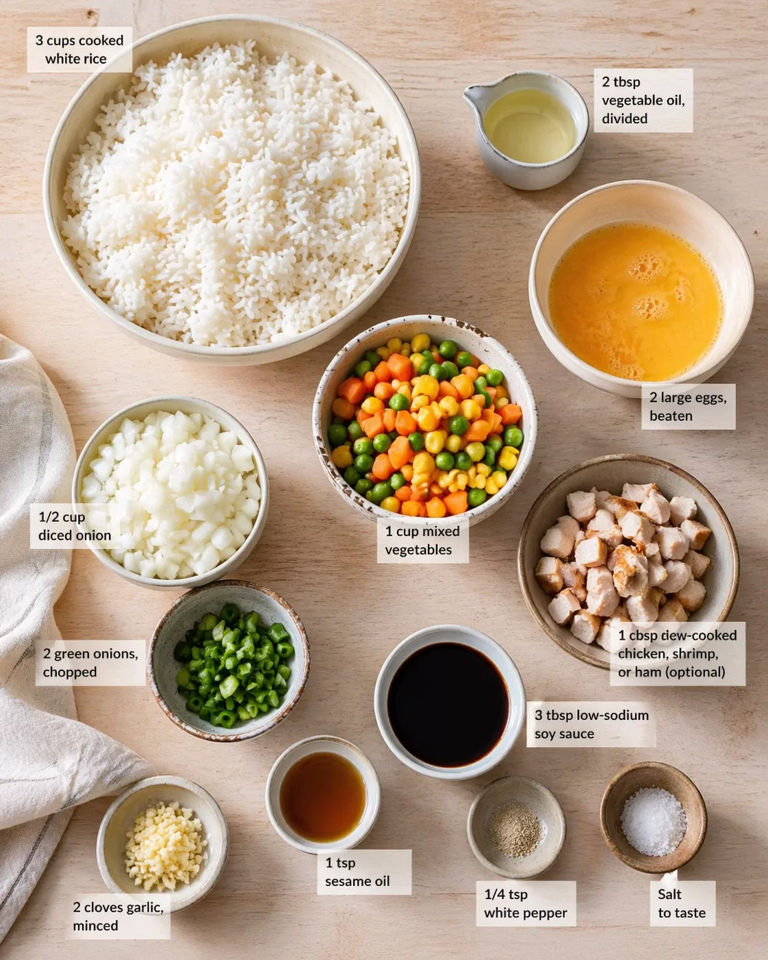 Overhead view of rice, beaten eggs, mixed vegetables, onions, garlic, and sauces arranged on a wooden table.