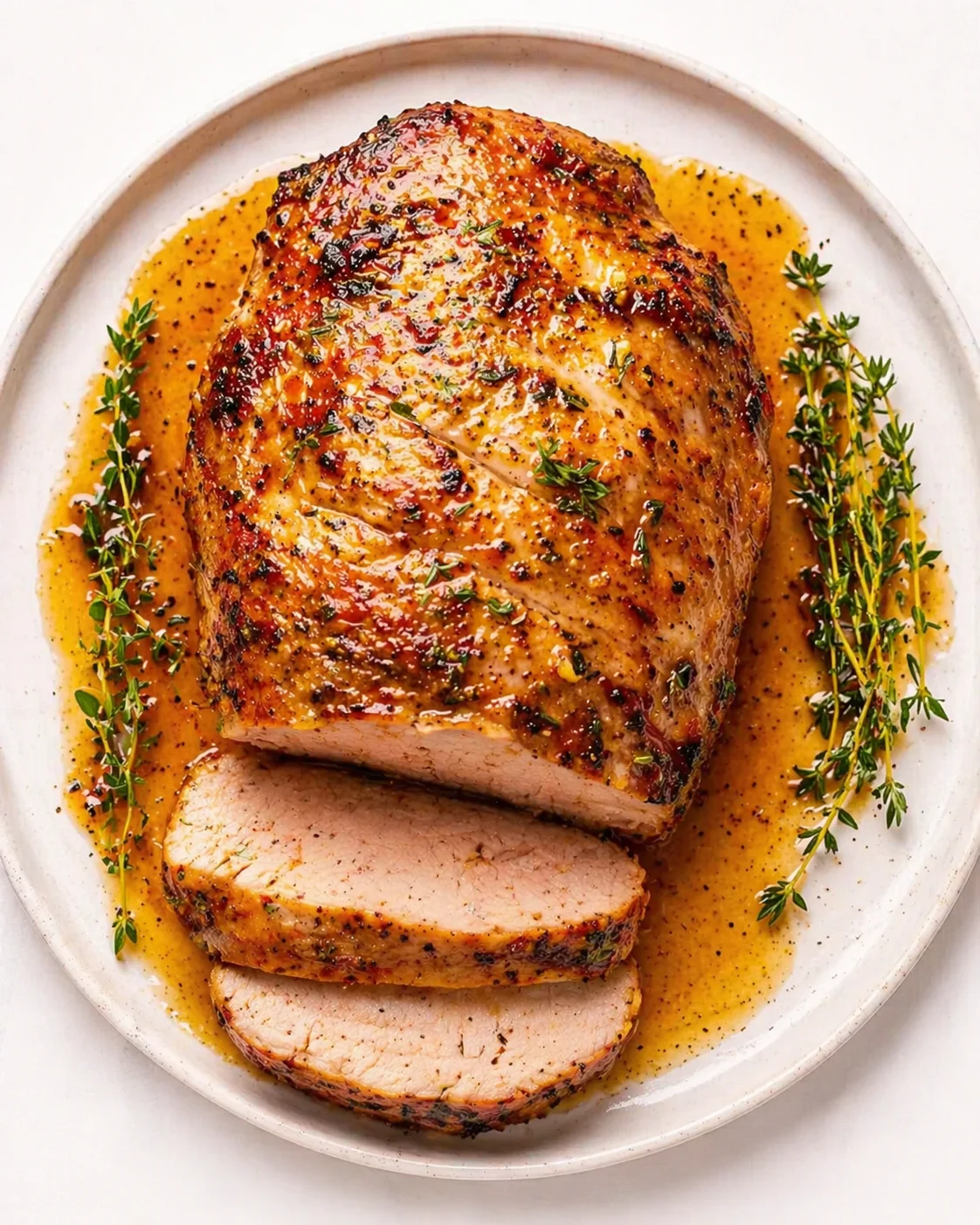 Herb-crusted roasted turkey on a white plate with thyme sprigs and glossy glaze.