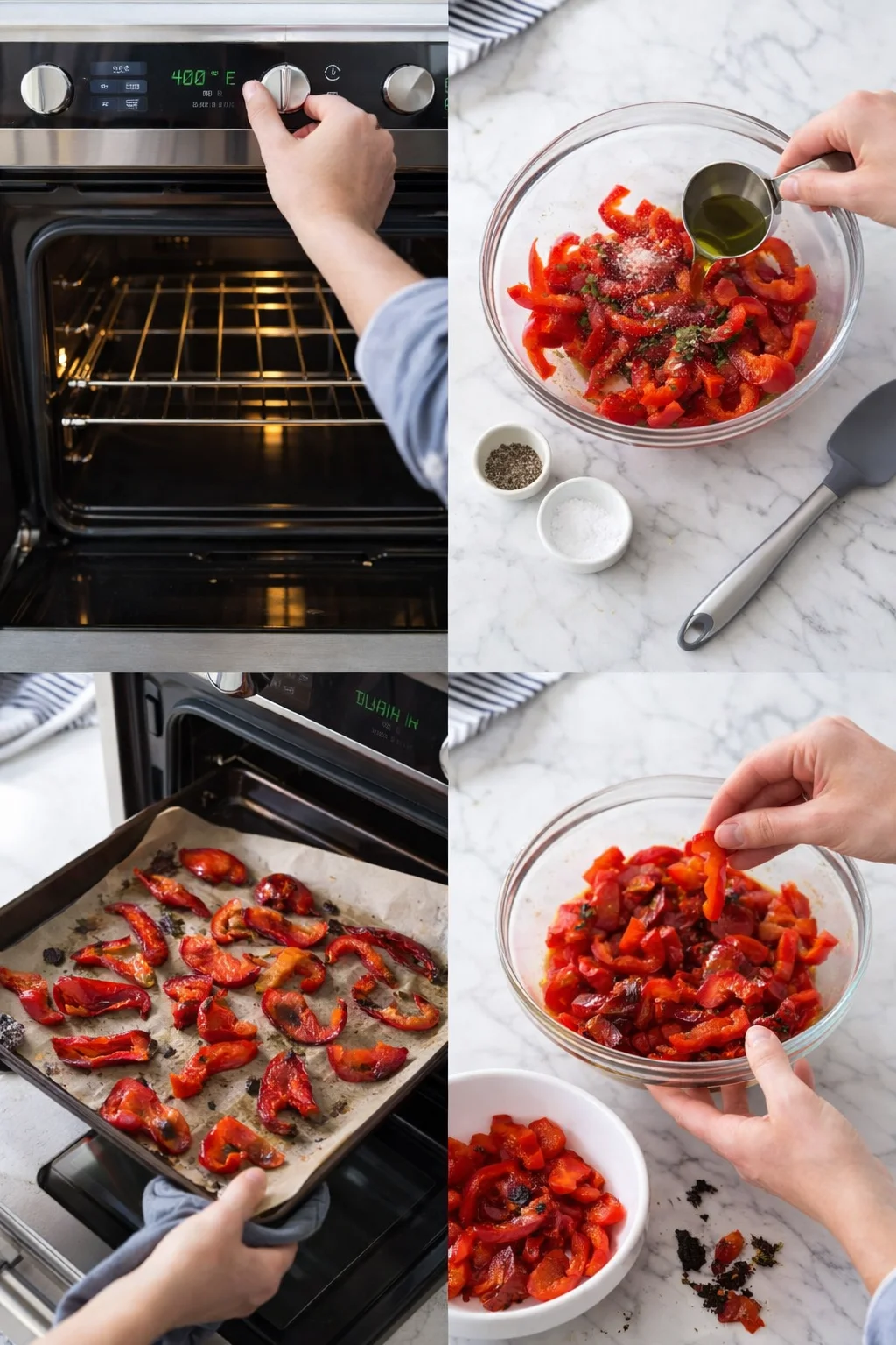 Collage of peppers being prepared: pouring oil, roasting, and mixing on marble counter.