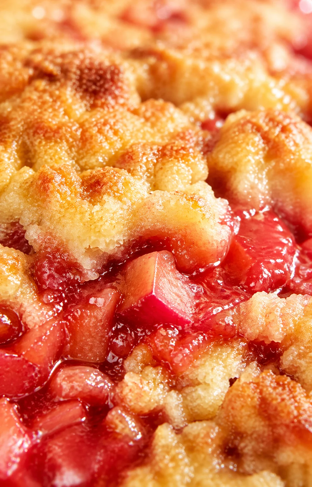 Close-up of a golden-brown cobbler topping with a juicy, ruby-red fruit filling visible beneath.