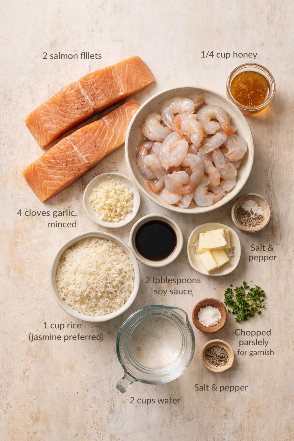 Flat lay of salmon fillets, shrimp, rice, garlic, butter, honey, soy sauce, and herbs on a light, textured surface.